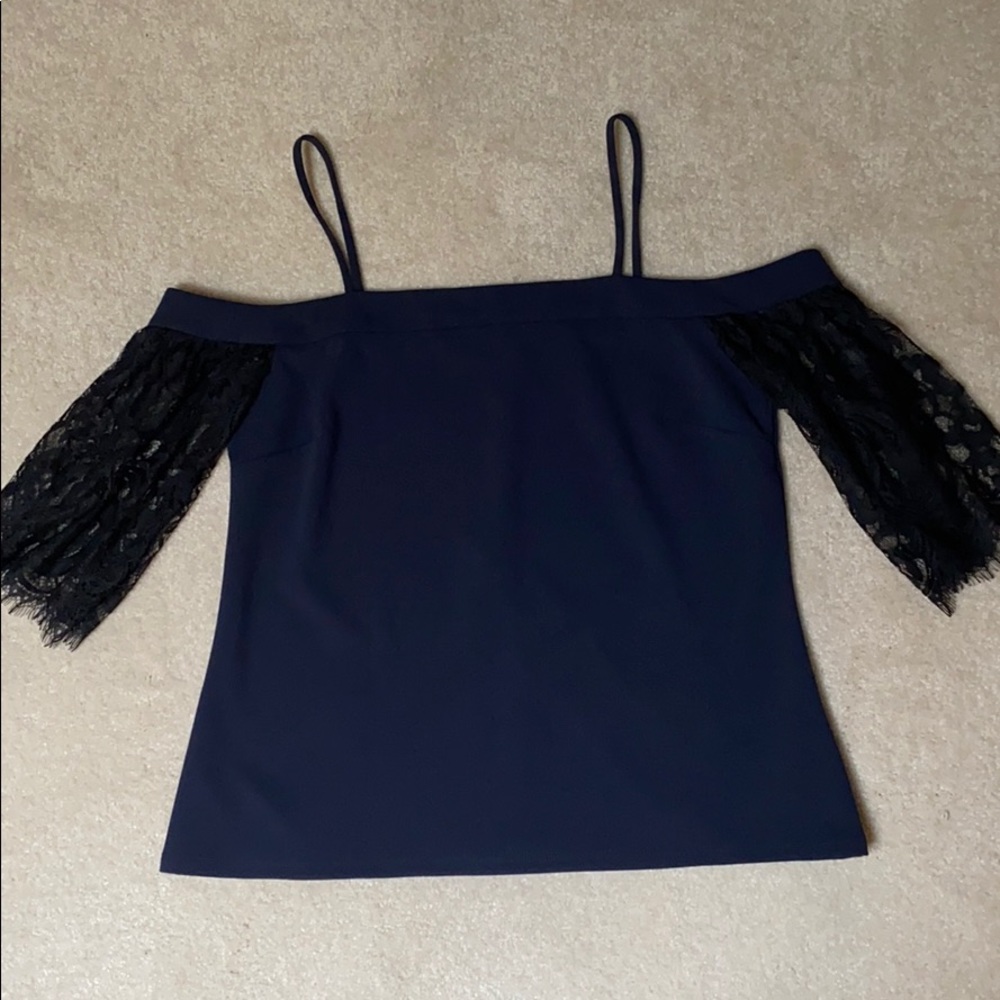 Navy off the shoulder top-black lace sleeve
